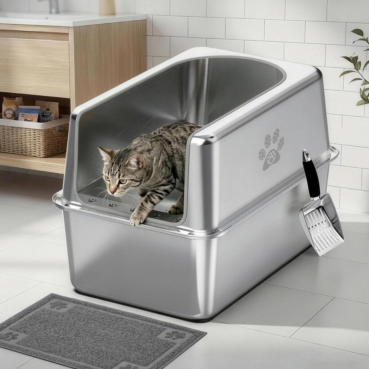 High-sided stainless steel cat litter box with low front entry
