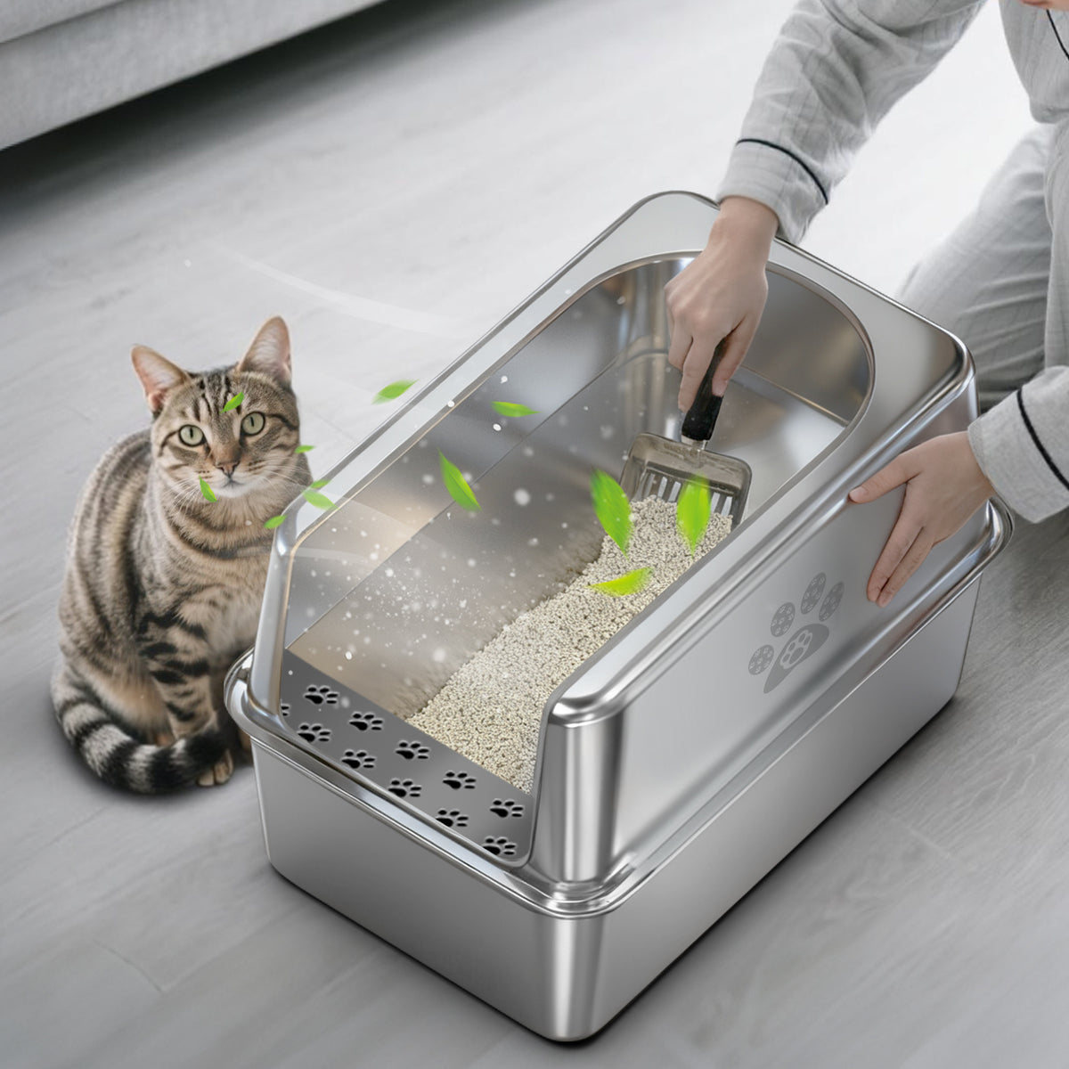 Heavy-duty stainless steel cat litter box with roomy interior