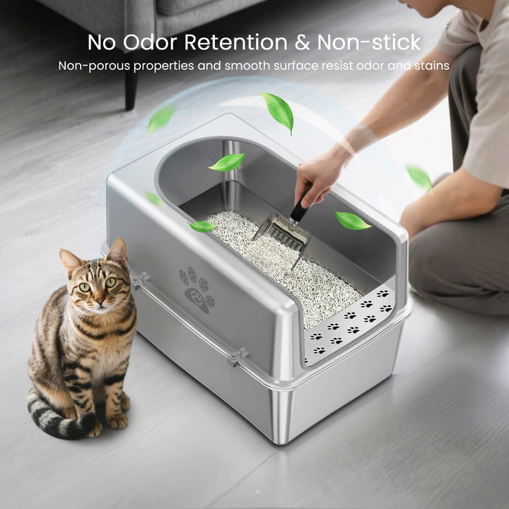 Ptlom High Side Stainless Steel Cat Litter Box with Lid, Large