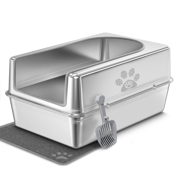 【Limited 20% Sale】 Enclosed Ultra-large Stainless Steel Cat Litter Box with Lid Cat Litter Mat & Litter Scoop