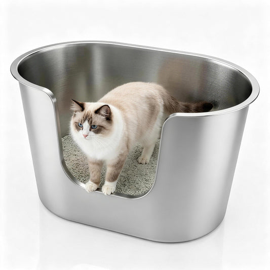 Cat inside an oval high-sided stainless steel litter box