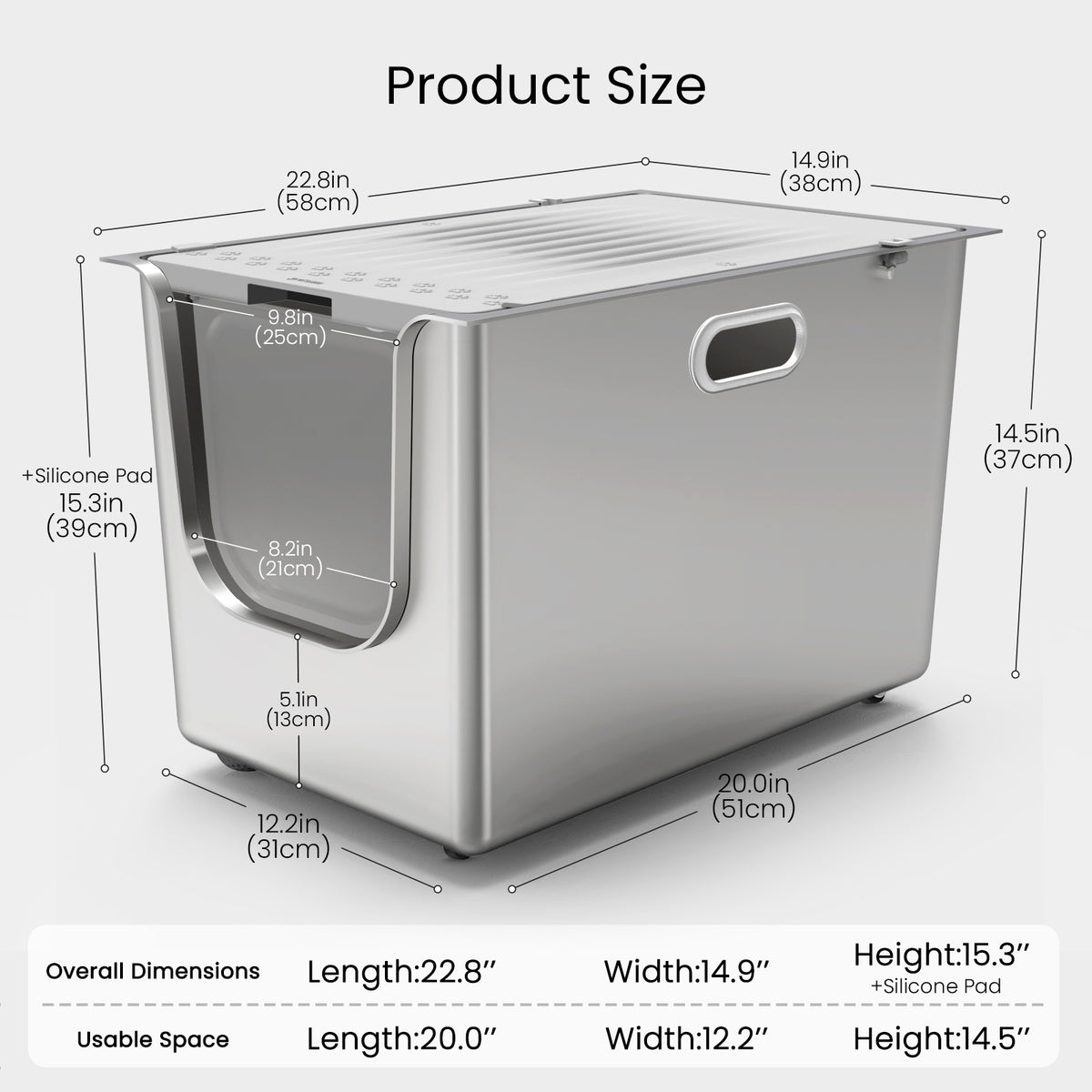 High-sided flip-door stainless steel cat litter box dimensions