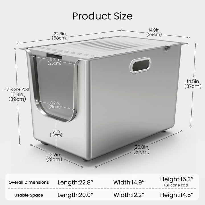 PTLOM High Sided Stainless Steel Cat Litter Box with Lid  Extra Large Enclosed Metal Pan for Big Cats with Scoop Kit