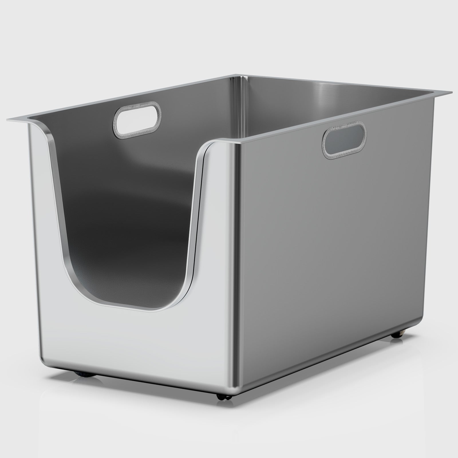 Ptlom brand 13.8-inch high-sided stainless steel cat litter box, silver metallic texture, with a side opening for easy cat access.