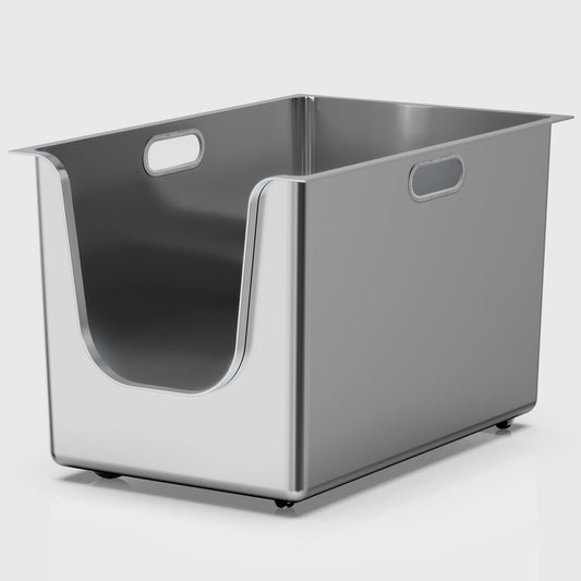 Ptlom brand 13.8-inch high-sided stainless steel cat litter box, silver metallic texture, with a side opening for easy cat access.