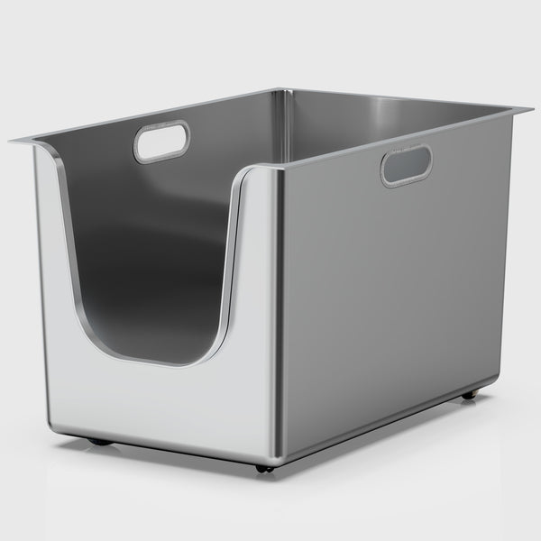 Ptlom brand 13.8-inch high-sided stainless steel cat litter box, silver metallic texture, with a side opening for easy cat access.