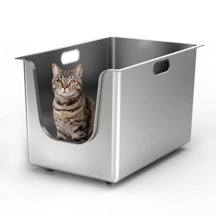 A cat is entering from the side entrance of a Ptlom side-entry 13.8-inch high stainless steel cat litter box.