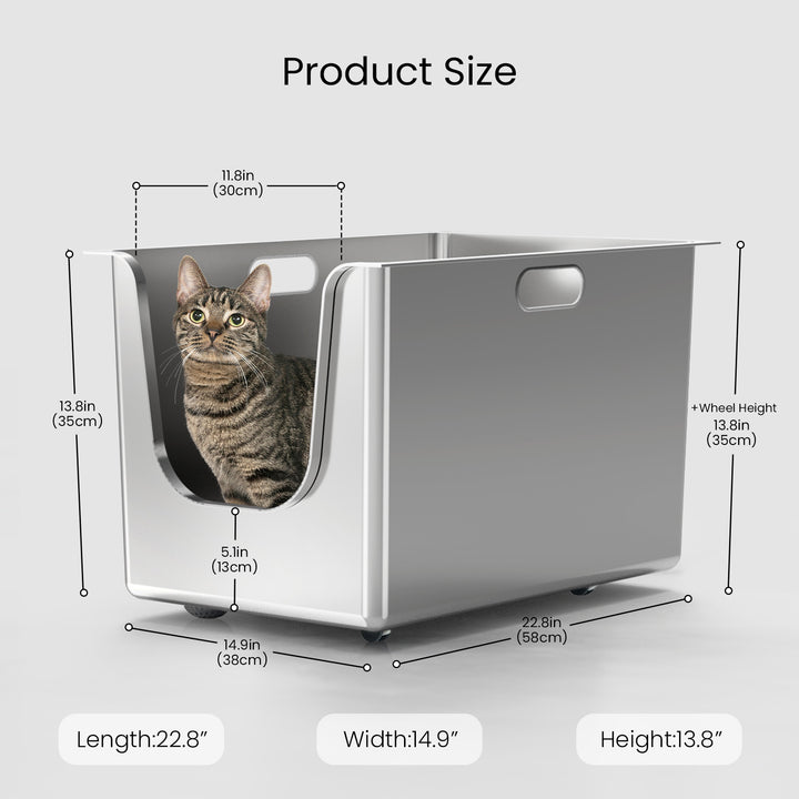 Showcasing the smooth interior surface of the Ptlom 13.8-inch high-sided stainless steel cat litter box, emphasizing its easy-to-clean and odor-control features.