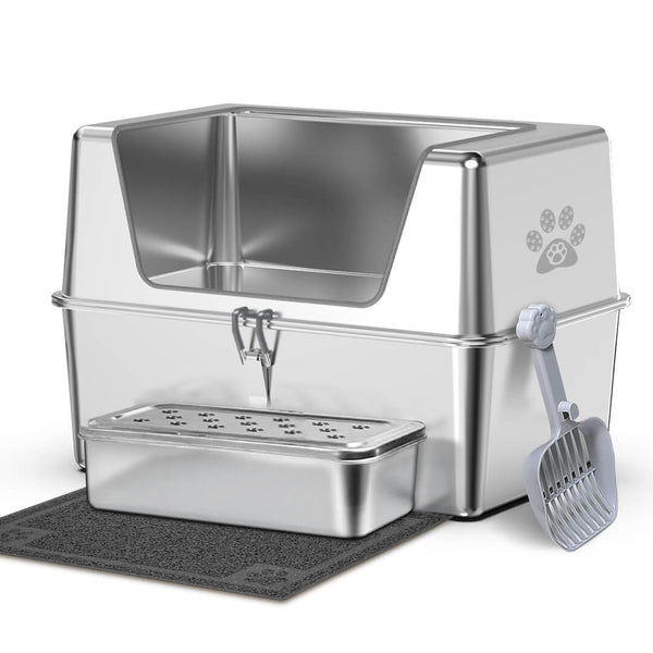 【BIG SALE】Ptlom Pure metal semi-enclosed stainless steel cat litter box,paw print,Wide Edge Opening