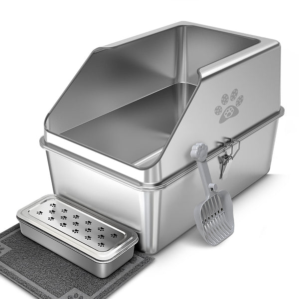 【BIG SALE】Ptlom Pure metal semi-enclosed stainless steel cat litter box,paw print,with beveled edges