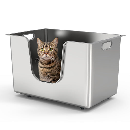 Ptlom Cat Litter Box] Front Entry High-Sided Leak-Proof Cat Toilet, Stainless Steel Material Odor Control Durable, Suitable for All Types of Cats