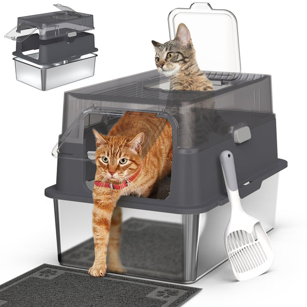 【BIG SALE】Stainless Steel Cat Litter Box with Lid and High Wall Sides Enclosure & Scoop Mat