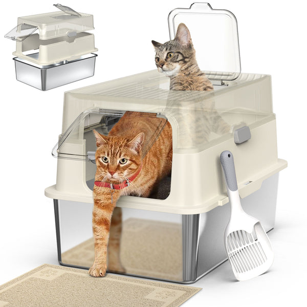 【Limited 30% Sale】Stainless Steel Cat Litter Box with Lid and High Wall Sides Enclosure & Scoop Mat