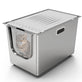 High-sided stainless steel litter box with flip door and top lid