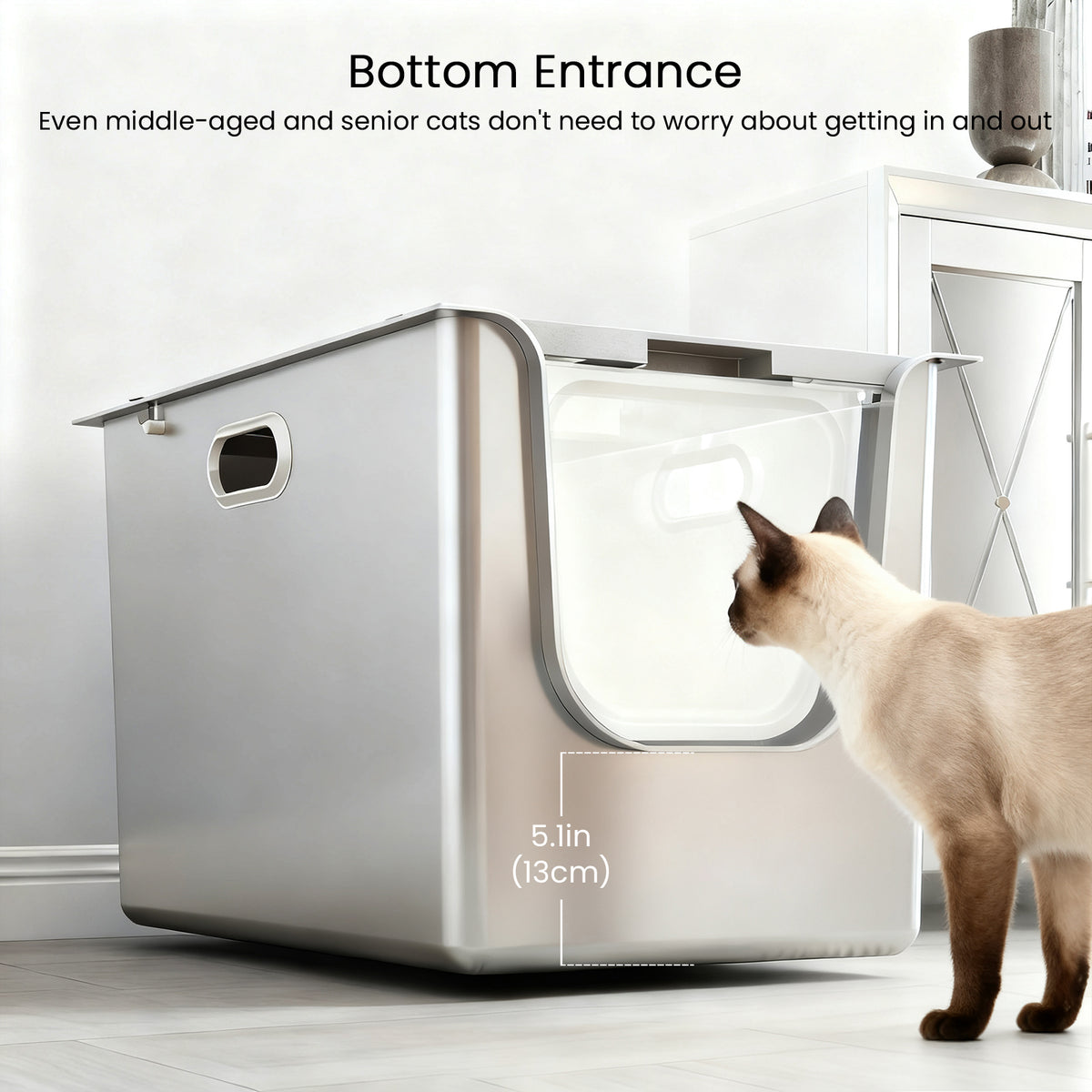 5.1-inch bottom entry on a covered stainless steel litter box