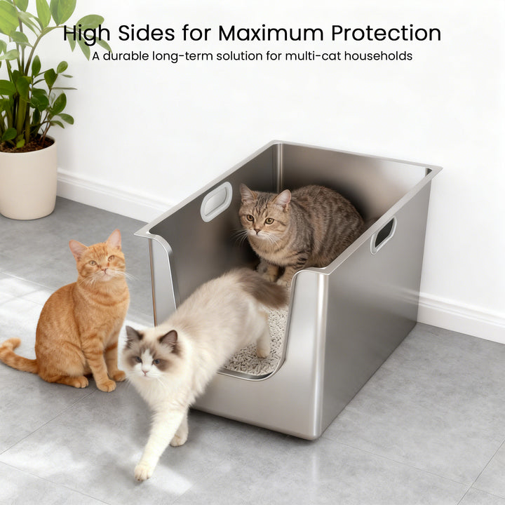 Ptlom Stainless Steel Litter Box 13.8'' High Sides, XL Metal Cat Litter Box with 4.7'' Curved Low Entry, Cat Litter Pan for Big & Multiple Cat