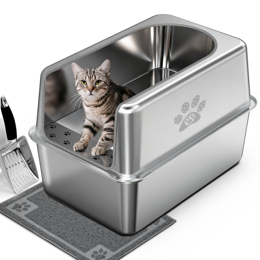 PTLOM covered stainless steel litter box with mat and scoop